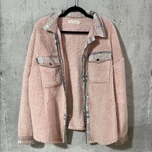 Grace + Emma Boutique Pink Sequin Plaid Fleece Sherpa Jacket Women's Large